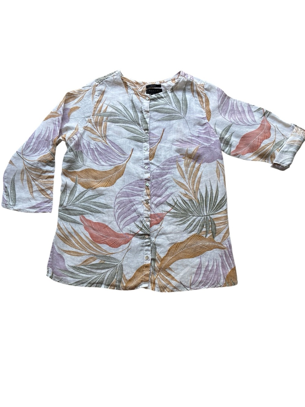 Tahari Women's 100% Linen Tropical Palm Print Top Size 1X
